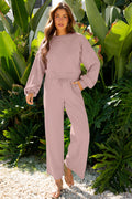 Light Pink Drop Shoulder Puff Sleeve Crop Pullover Drawstring Wide Leg Pants Set 🇺🇸
