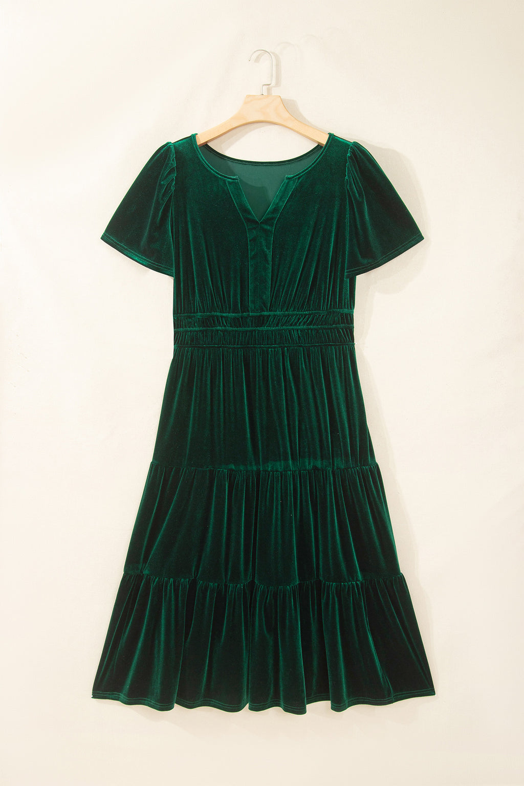 Blackish Green Velvet Short Sleeve Shirred Waist Tiered Plus Size Maxi Dress 🇺🇸