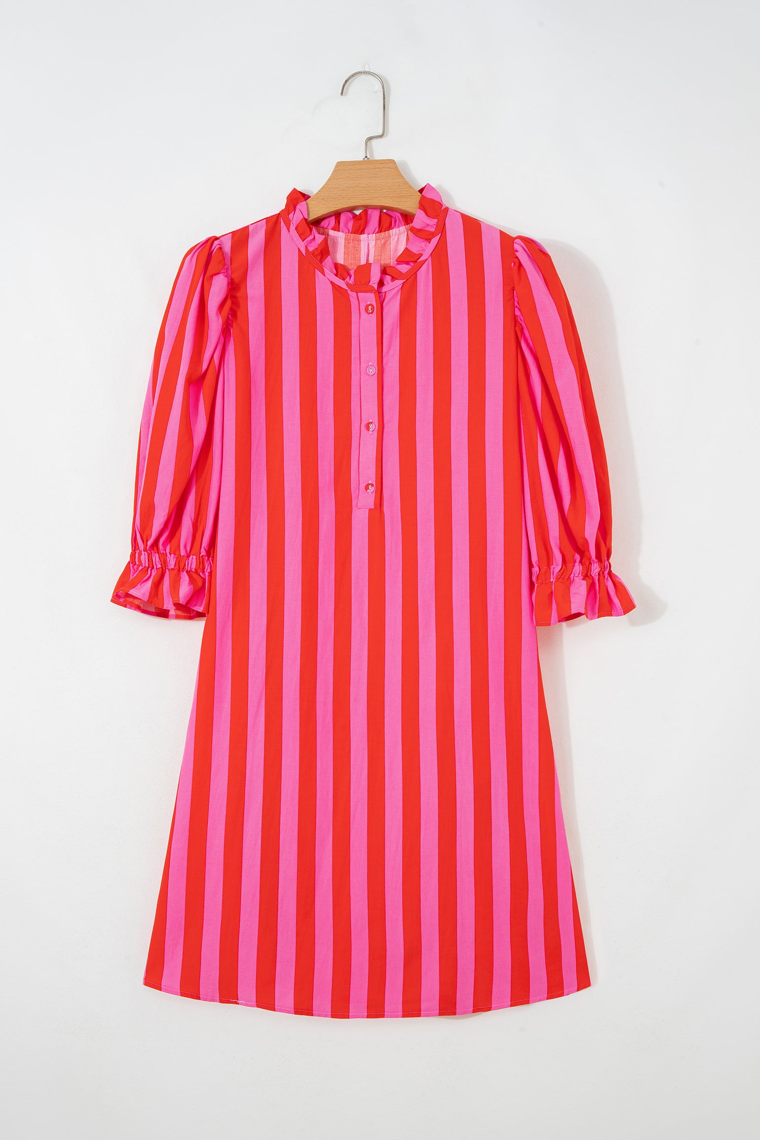 Red Stripe Half Button Puff Sleeve Loose Mini Dress 🇺🇸