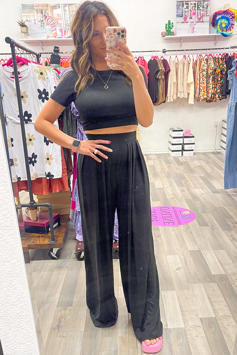 Black Slim Fit Crop Top and Pleated Wide Leg Pants Set 🇨🇳