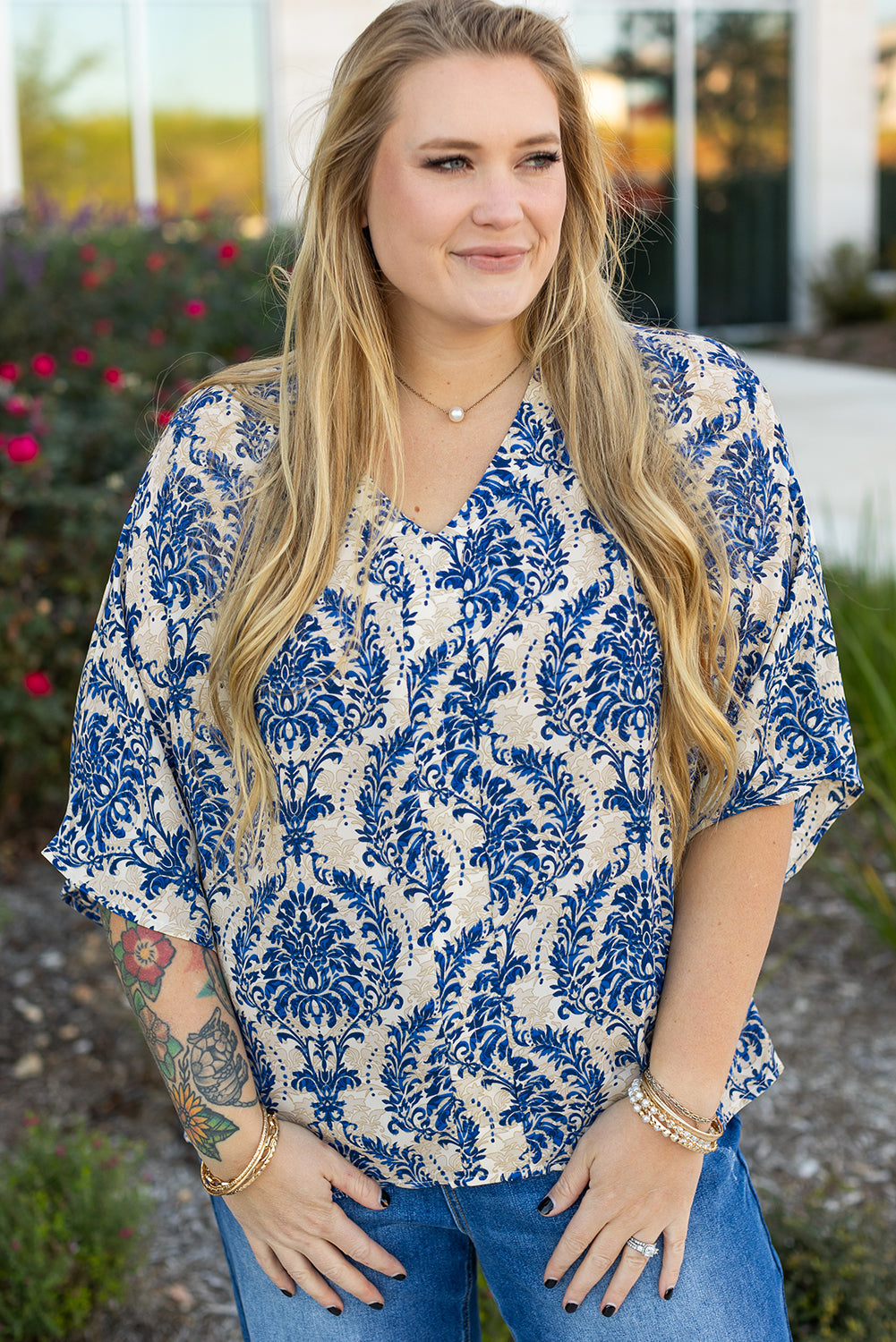 Blue Plus Size Ethnic Printed 3/4 Sleeve V Neck Loose Blouse 🇨🇳