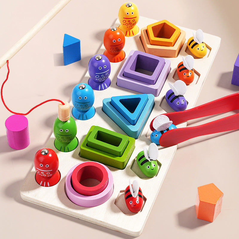 Wooden three in one magnetic clip bee set pillar for children's early education puzzle geometry cognition matching building block toy 🇨🇳