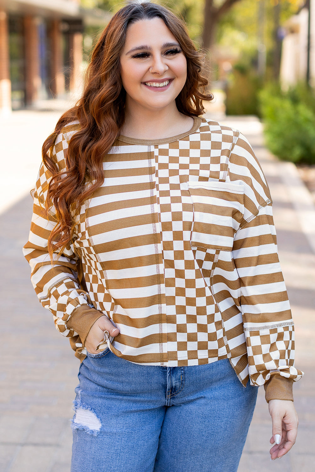 Khaki Striped Checkered Mixed Print Chest Pocket Casual Plus Size Top 🇺🇸