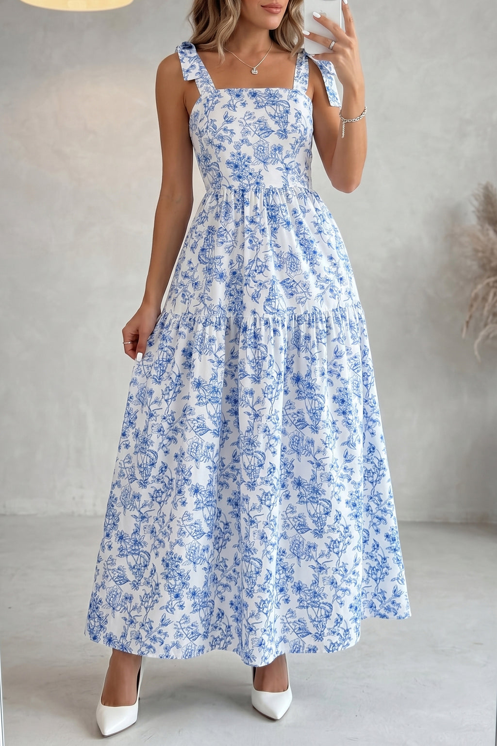 Sky Blue Floral Print Knot Straps High Waist Flared Maxi Dress 🇺🇸