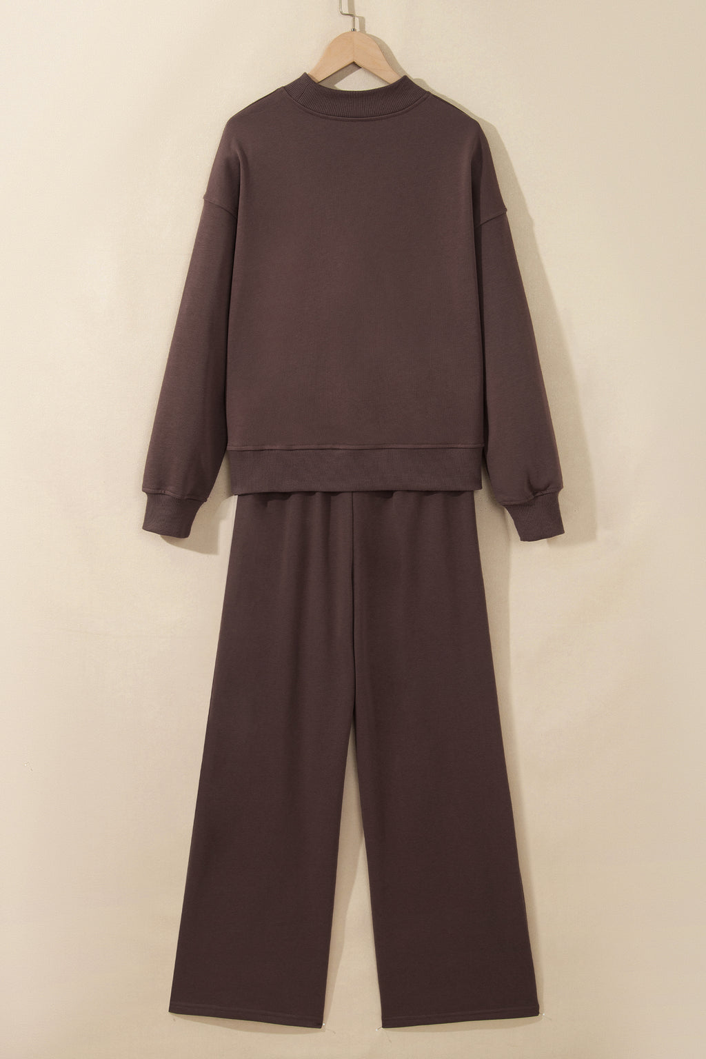 Coffee Solid Color Piping Trim Mock Neck Pullover Drawstring Pants Set 🇺🇸