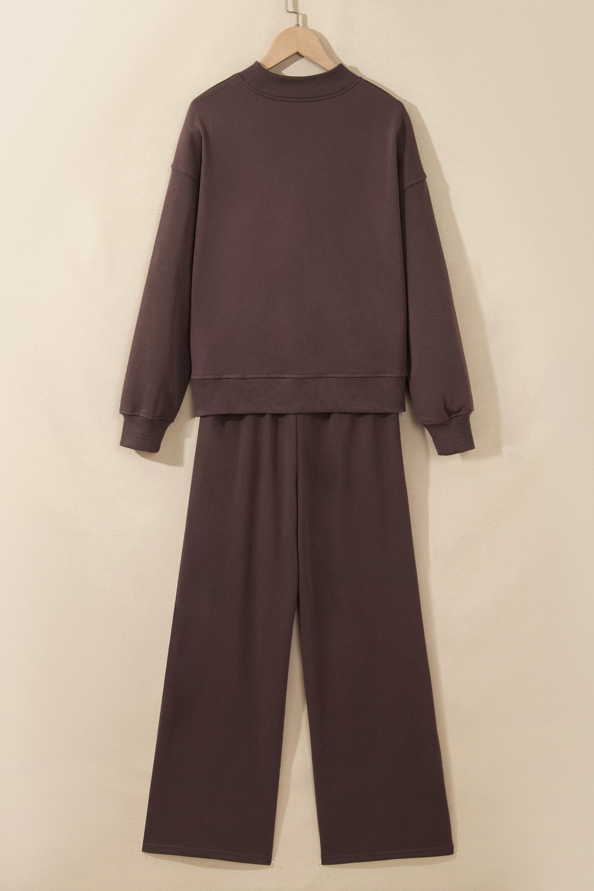 Coffee Solid Color Piping Trim Mock Neck Pullover Drawstring Pants Set 🇺🇸