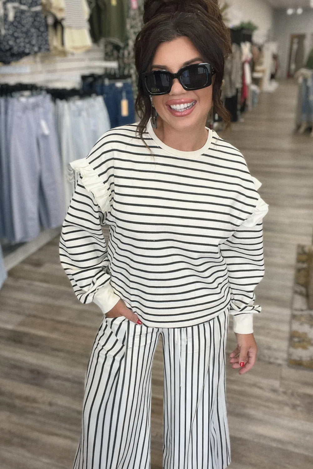 White Stripe Ruffle Trim Drop Shoulder Top Drawstring Loose Pant Set 🇺🇸