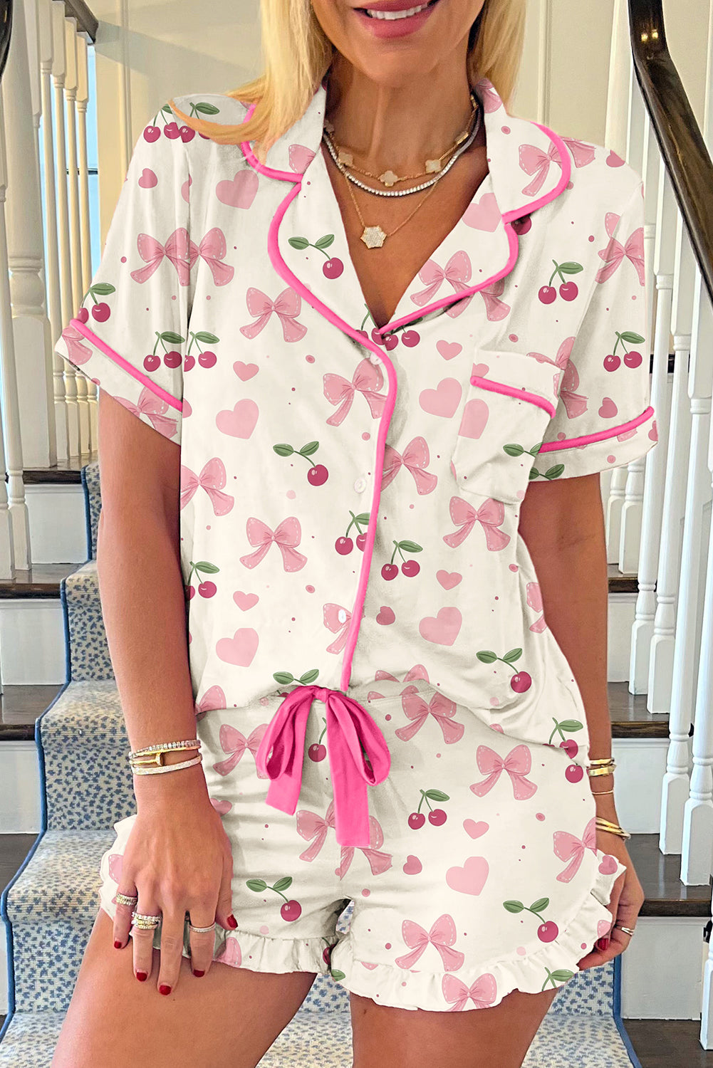 Beige Bow Fruit Print Contrast Pipping Short Pajamas Set 🇨🇳