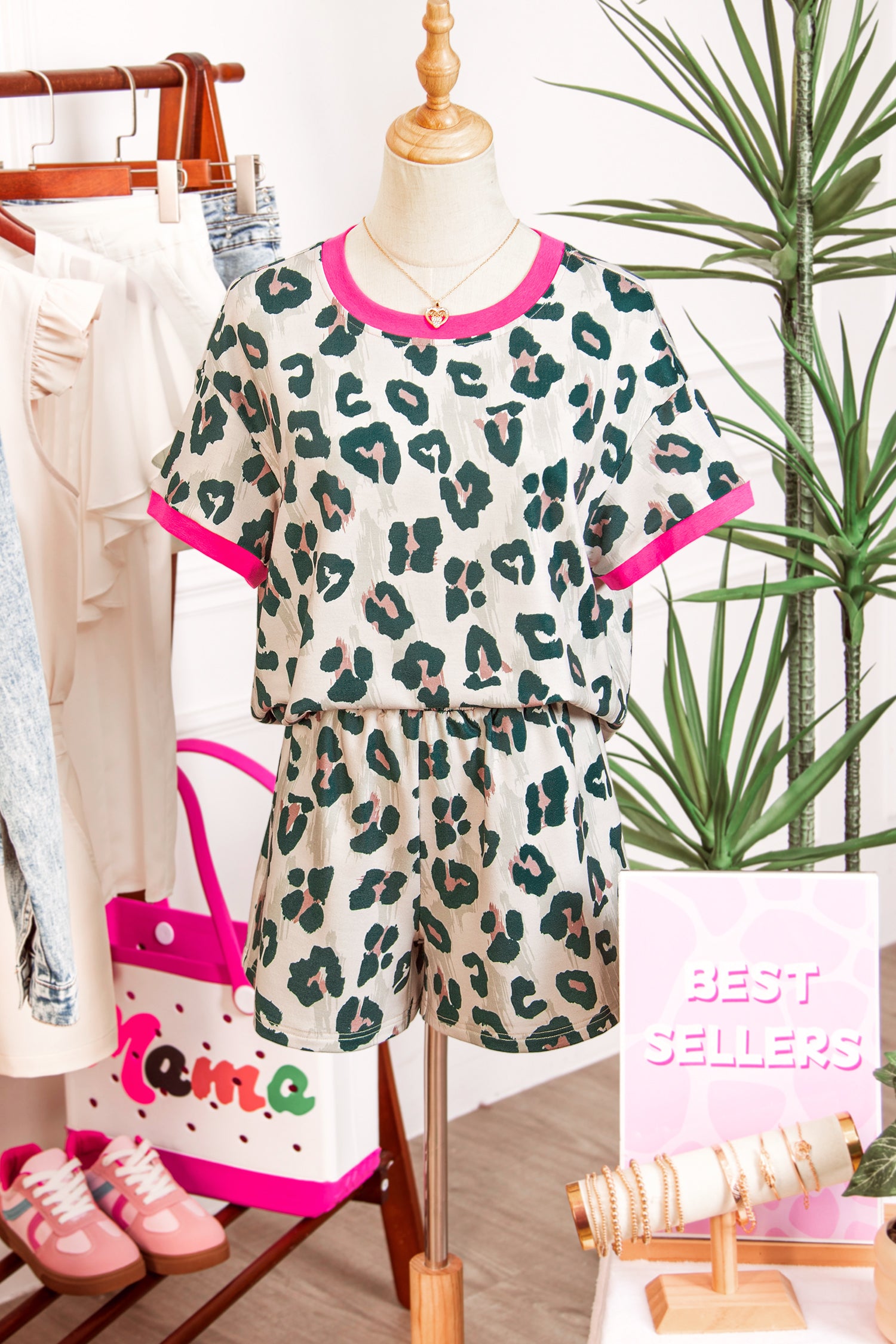 Brown Unique Leopard Print Contrast Trim Top Loose 2pcs Short Set 🇺🇸