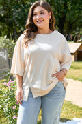 Beige Pearl Decor Crew Neck Half Sleeve Plus Size T Shirt 🇨🇳