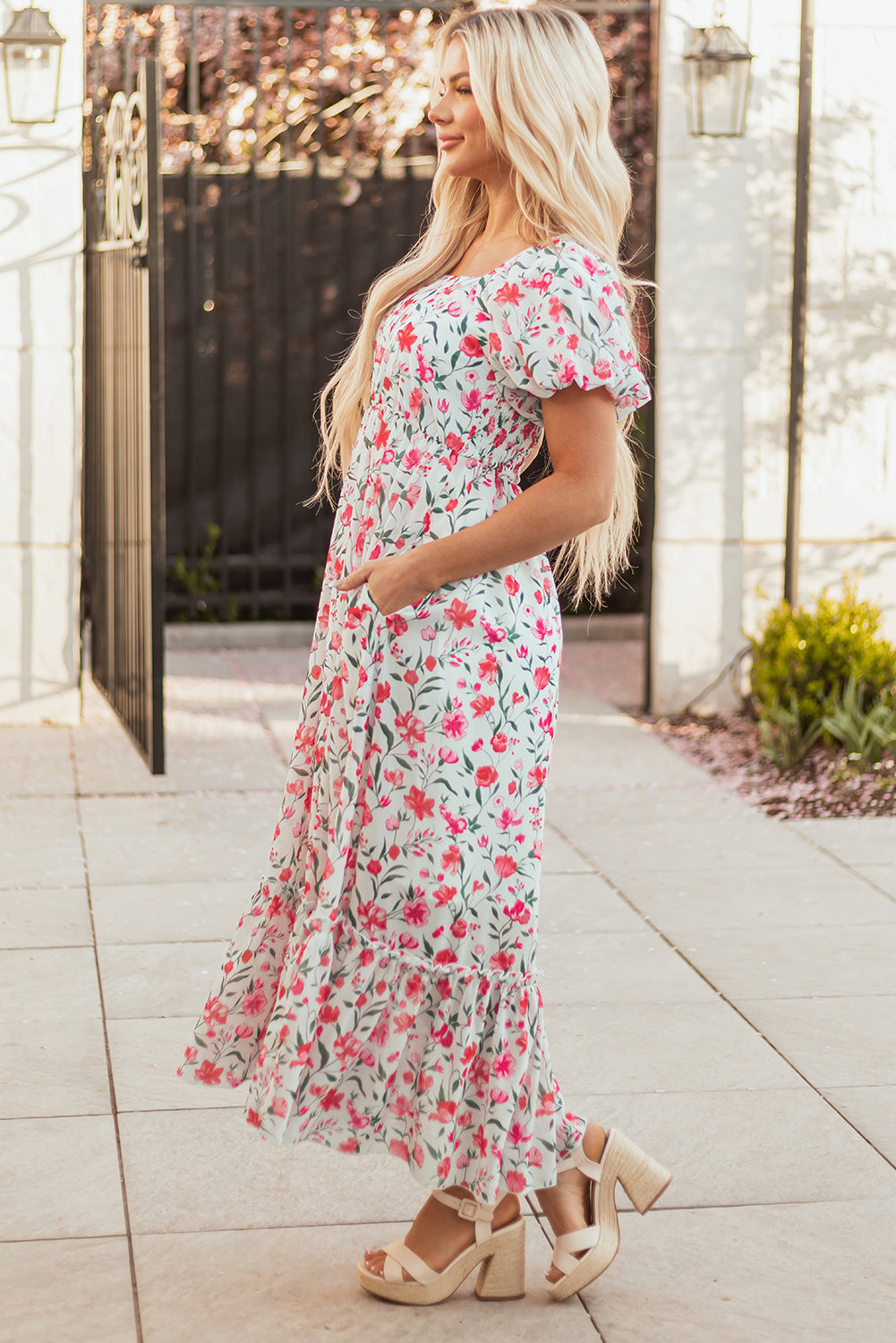 Pink Floral Puff Sleeve Square Neck Empire Waist Tiered Maxi Dress 🇨🇳