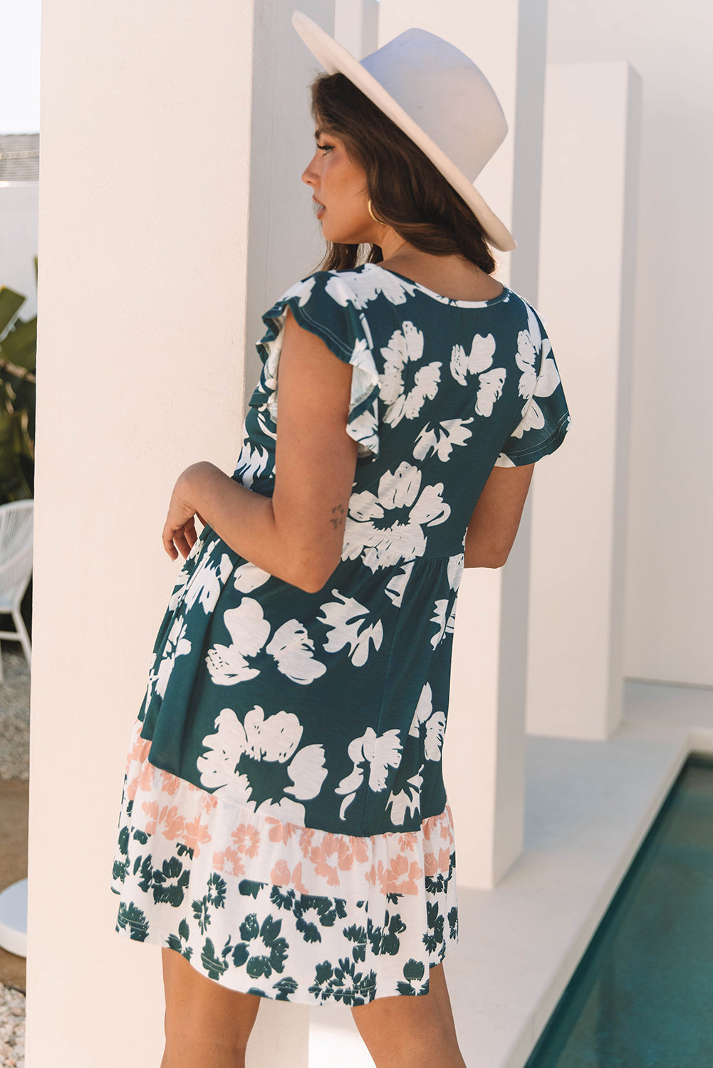 Green Floral Print Ruffle Sleeve Empire Waist Mini Dress 🇨🇳