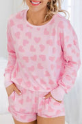 Pink Valentine Heart Shape Print Long Sleeve Top Shorts Lounge Set 🇺🇸