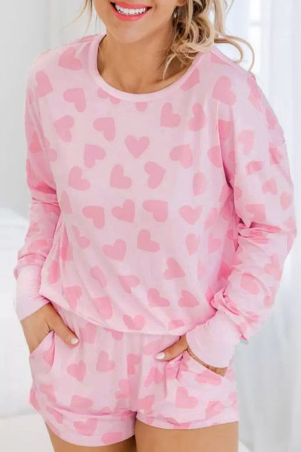 Pink Valentine Heart Shape Print Long Sleeve Top Shorts Lounge Set 🇺🇸