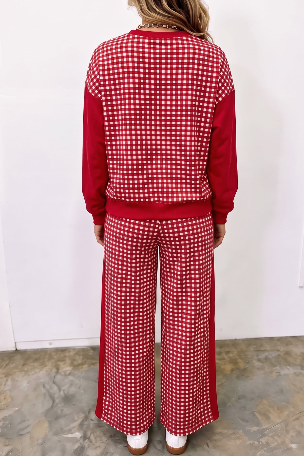 Khaki Color Block Plaid Patchwork Long Sleeve Pullover Wide Leg Pant Set 🇺🇸