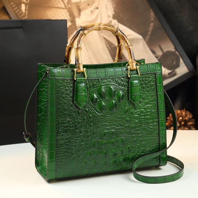 Brand Genuine Leather Bamboo Women's Bag Crocodile Pattern Handbag 🇨🇳