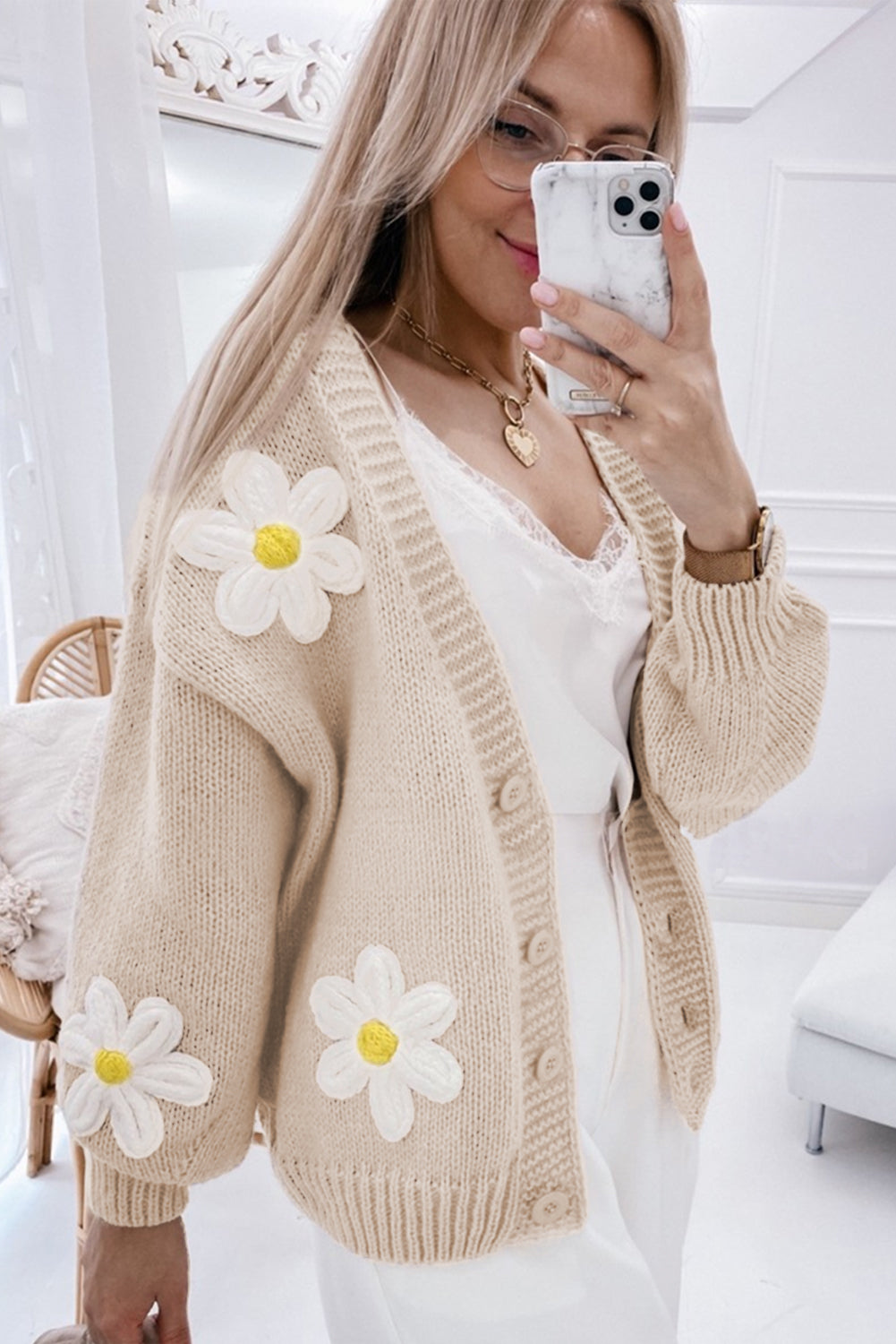 Parchment Elegant Flower Decor Button Front Cardigan 🇨🇳