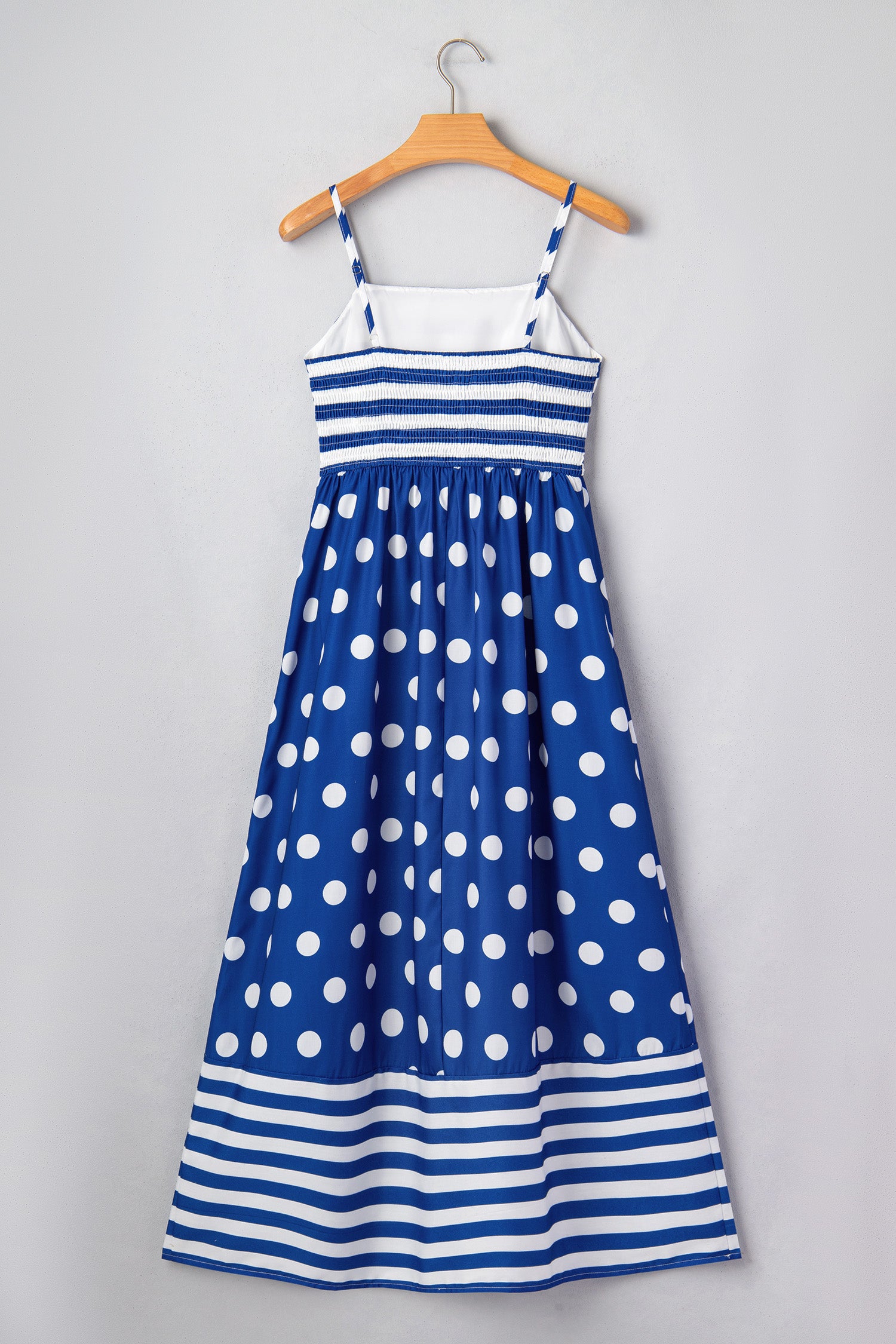 Blue Striped Polka Dot Patchwork High Waist Spaghetti Straps Maxi Dress 🇺🇸
