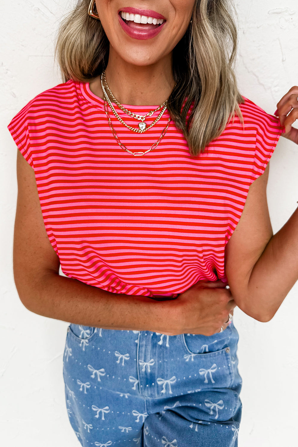 Red Stripe Ribbed Cap Sleeve Round Neck T Shirt 🇨🇳