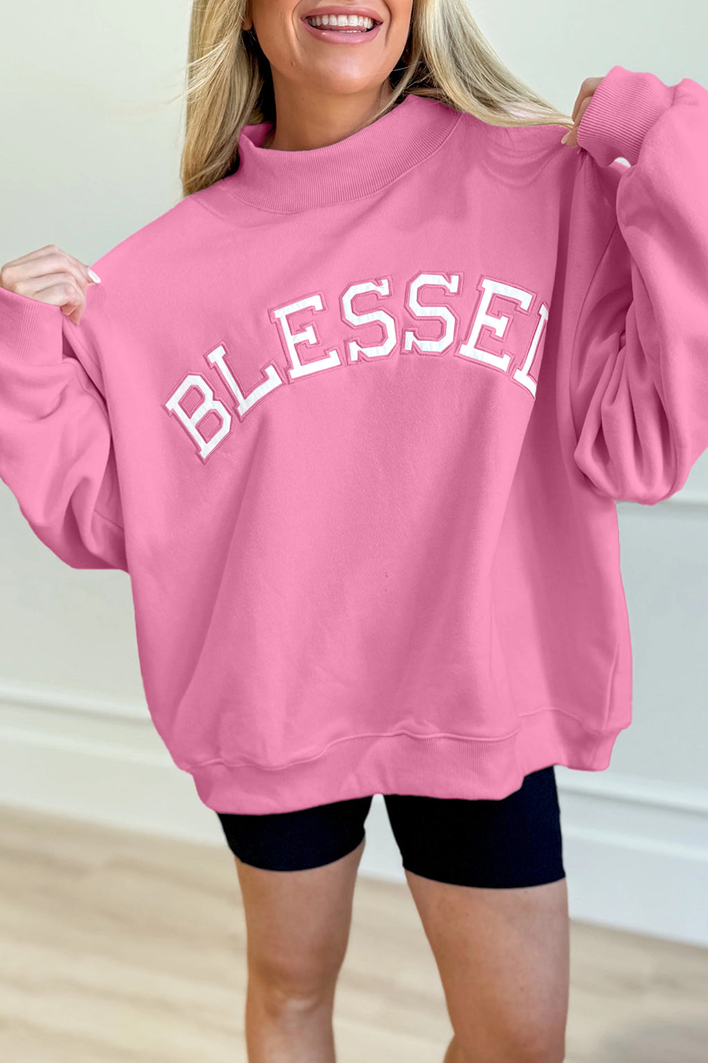 Bright Pink Oversize Blessed Embroidered Mock Neck Sweatshirt 🇺🇸