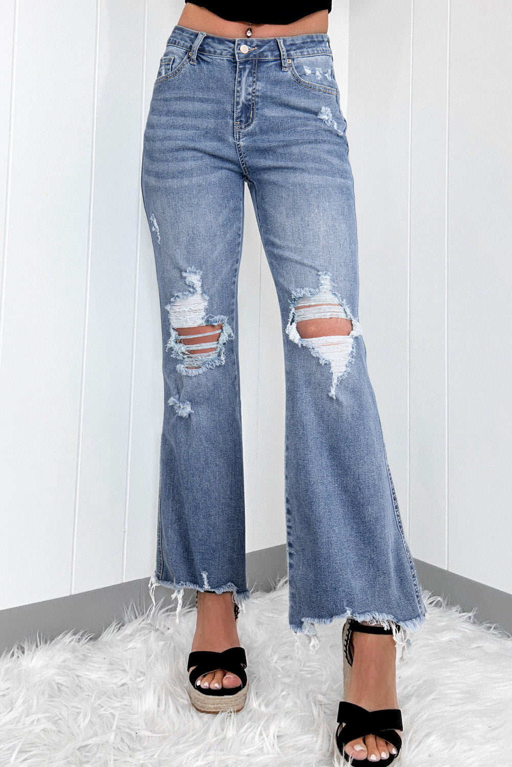 Dusk Blue High Rise Ripped Distressed Hem Flared Jeans 🇨🇳