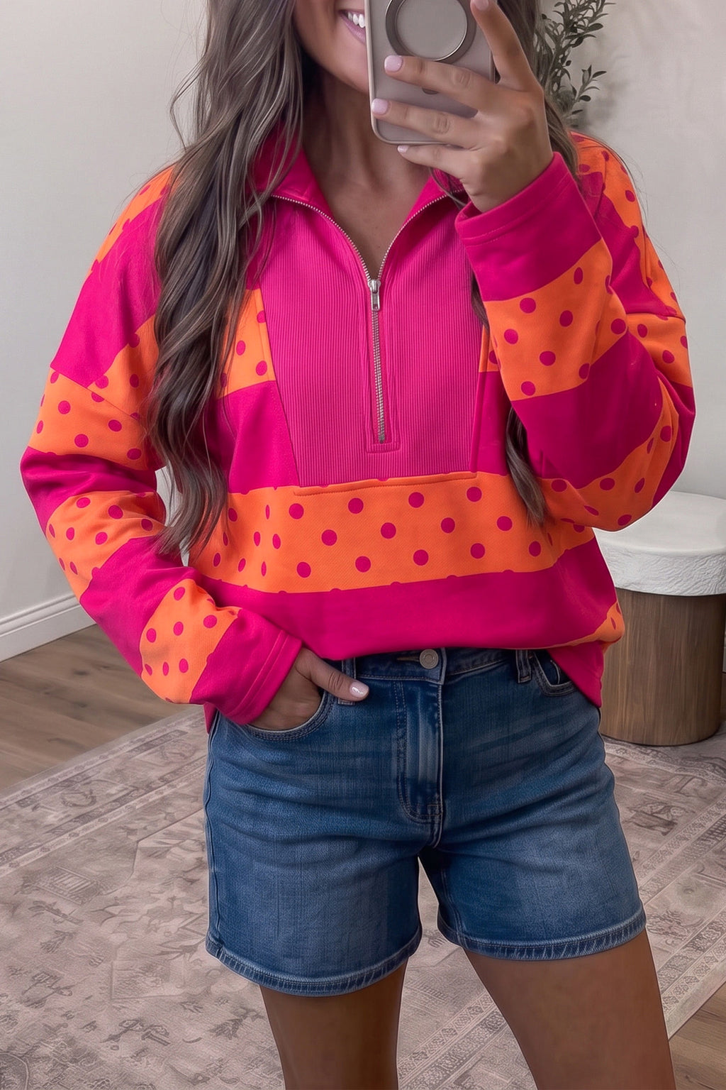 Pink Stripe Patchwork Polka Dot Accent Quarter Zip Long Sleeve Top 🇺🇸