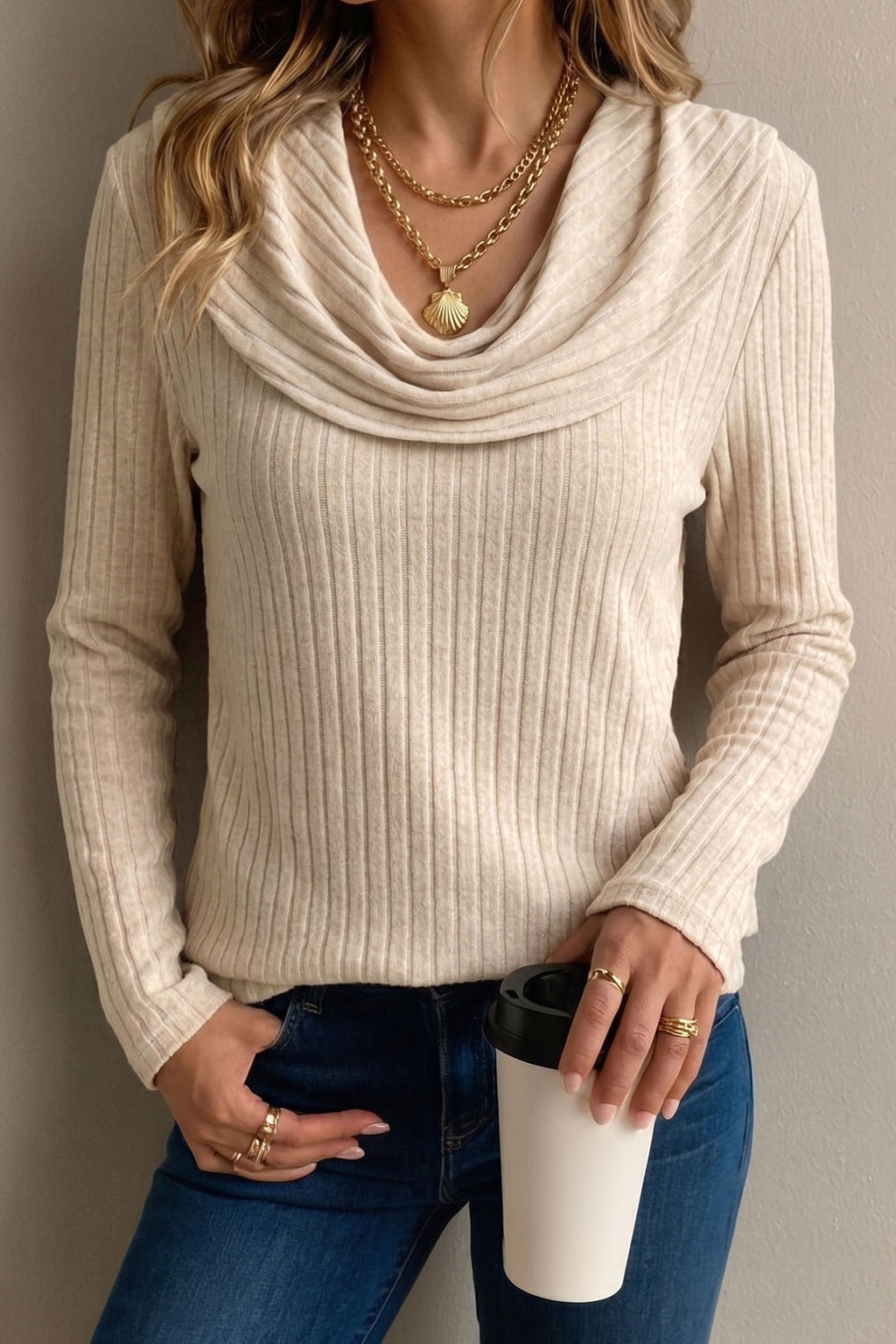 Apricot Solid Color Ribbed Knit Cowl Neck Long Sleeve Top 🇺🇸