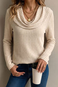 Apricot Solid Color Ribbed Knit Cowl Neck Long Sleeve Top 🇺🇸