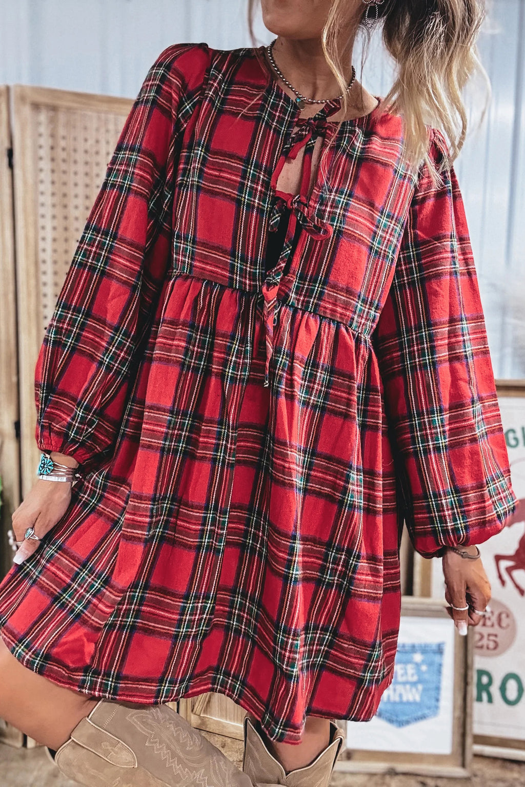 Red Plaid Tie Front Long Sleeve Short Shift Dress 🇺🇸