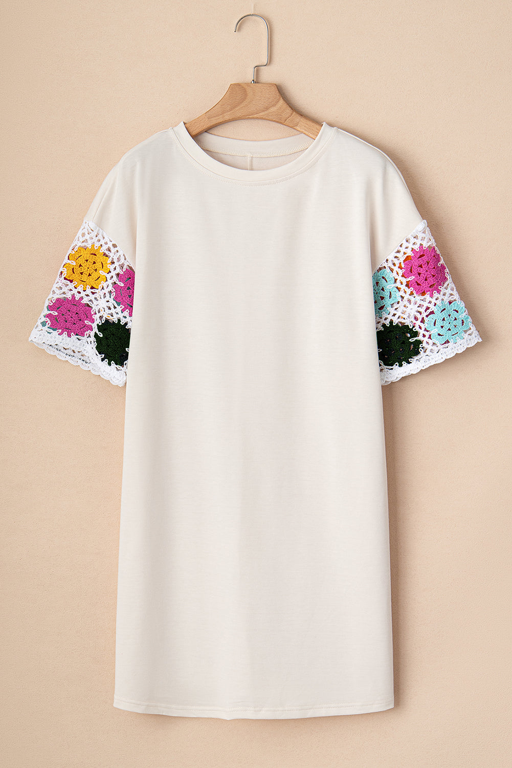 White Floral Crochet Splicing Sleeve T Shirt Dress 🇺🇸