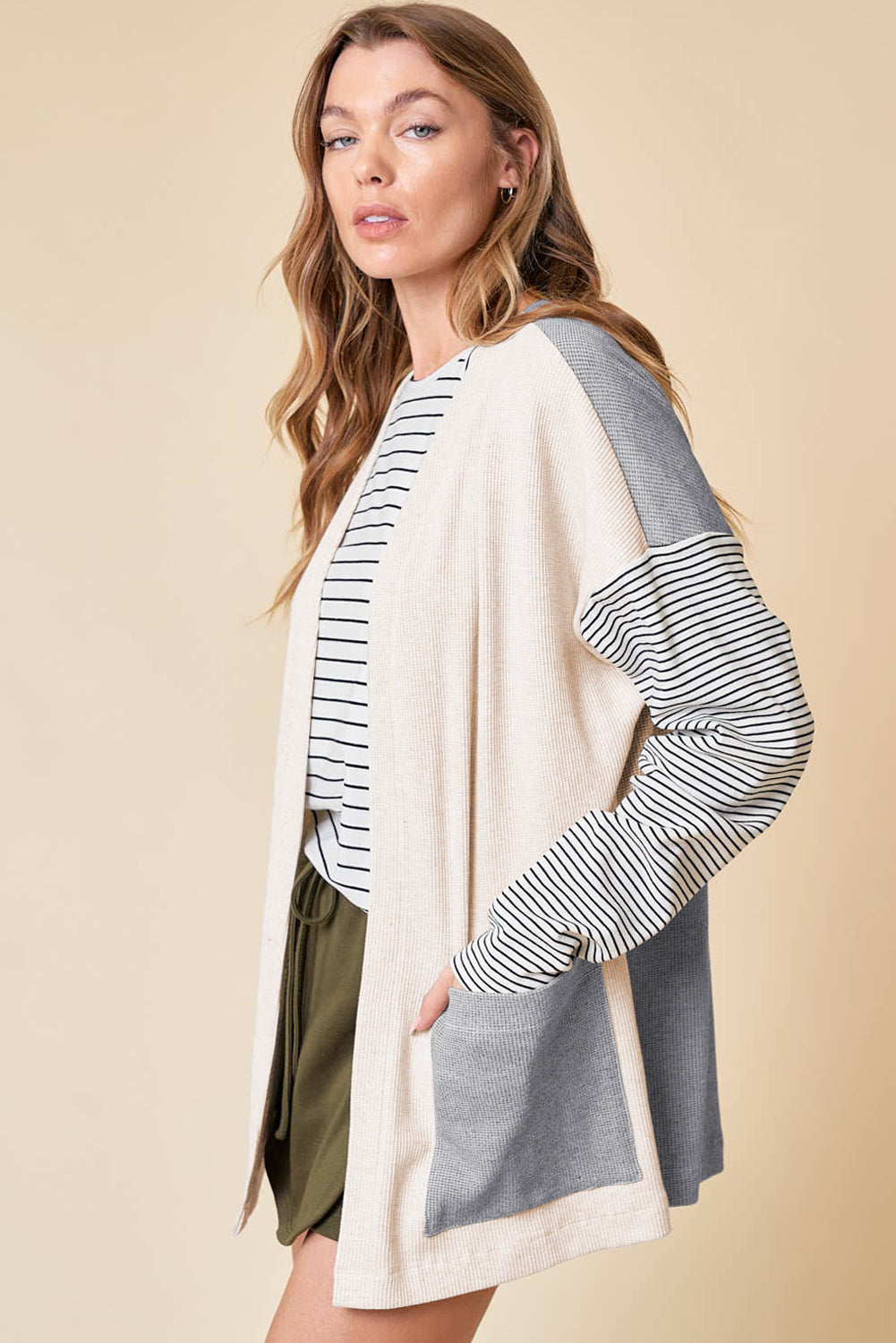 Black Stripe Colorblock Patchwork Open Front Cardigan with Pocket 🇺🇲