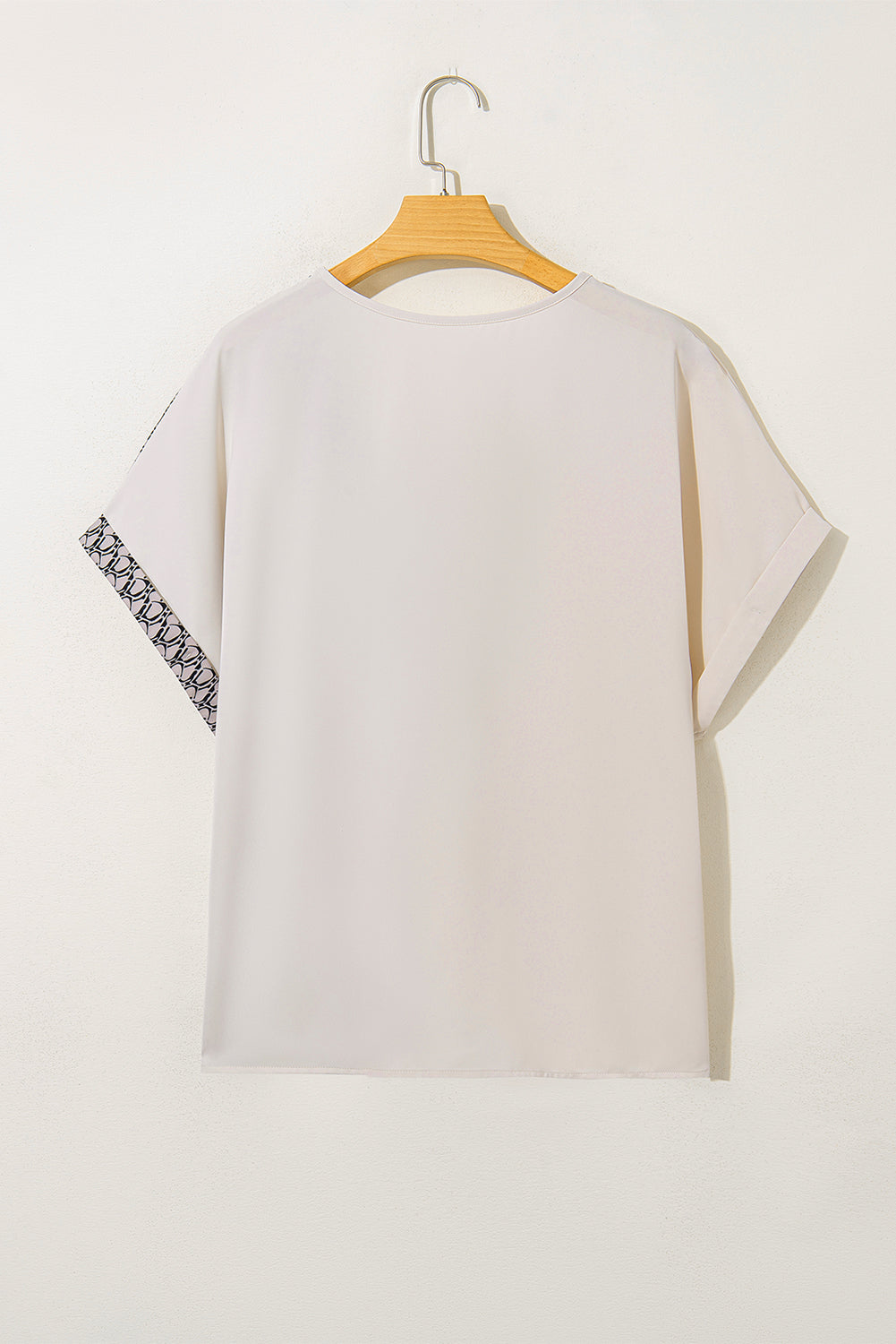 Oatmeal Contrast Geometric Print Patchwork V Neck Short Sleeve Plus Size Top 🇺🇲