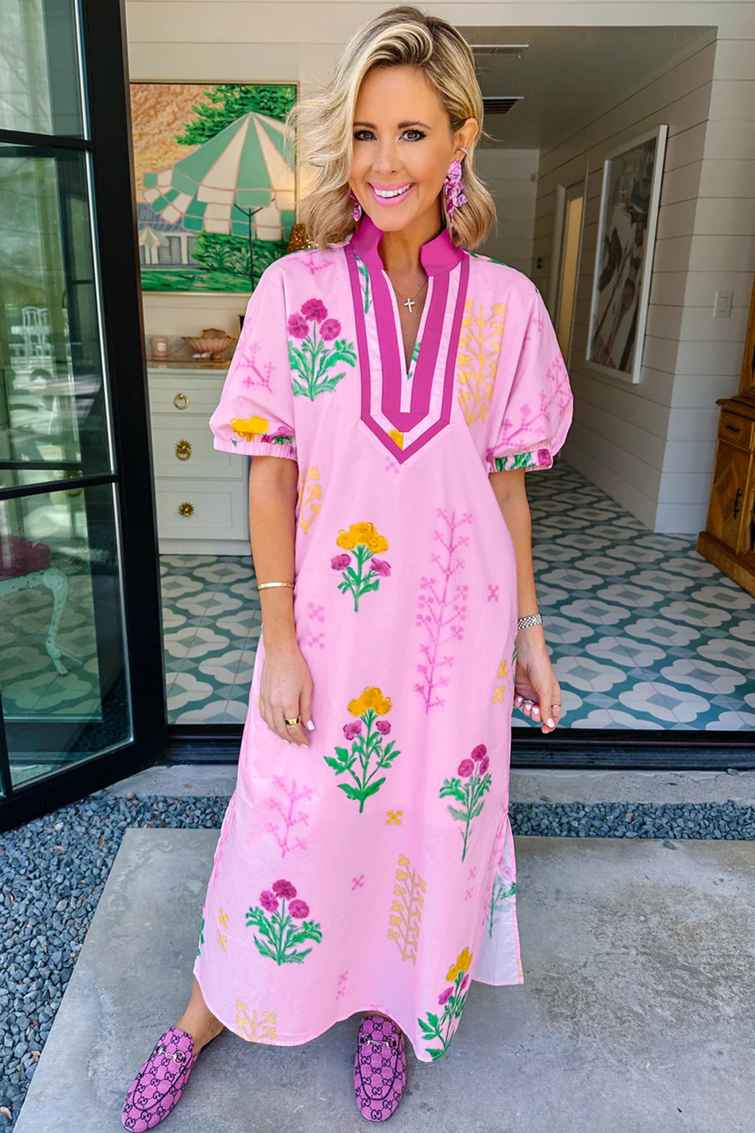 Pink Floral Print Short Sleeve Colorblock Trim V Neck Midi Dress 🇺🇸