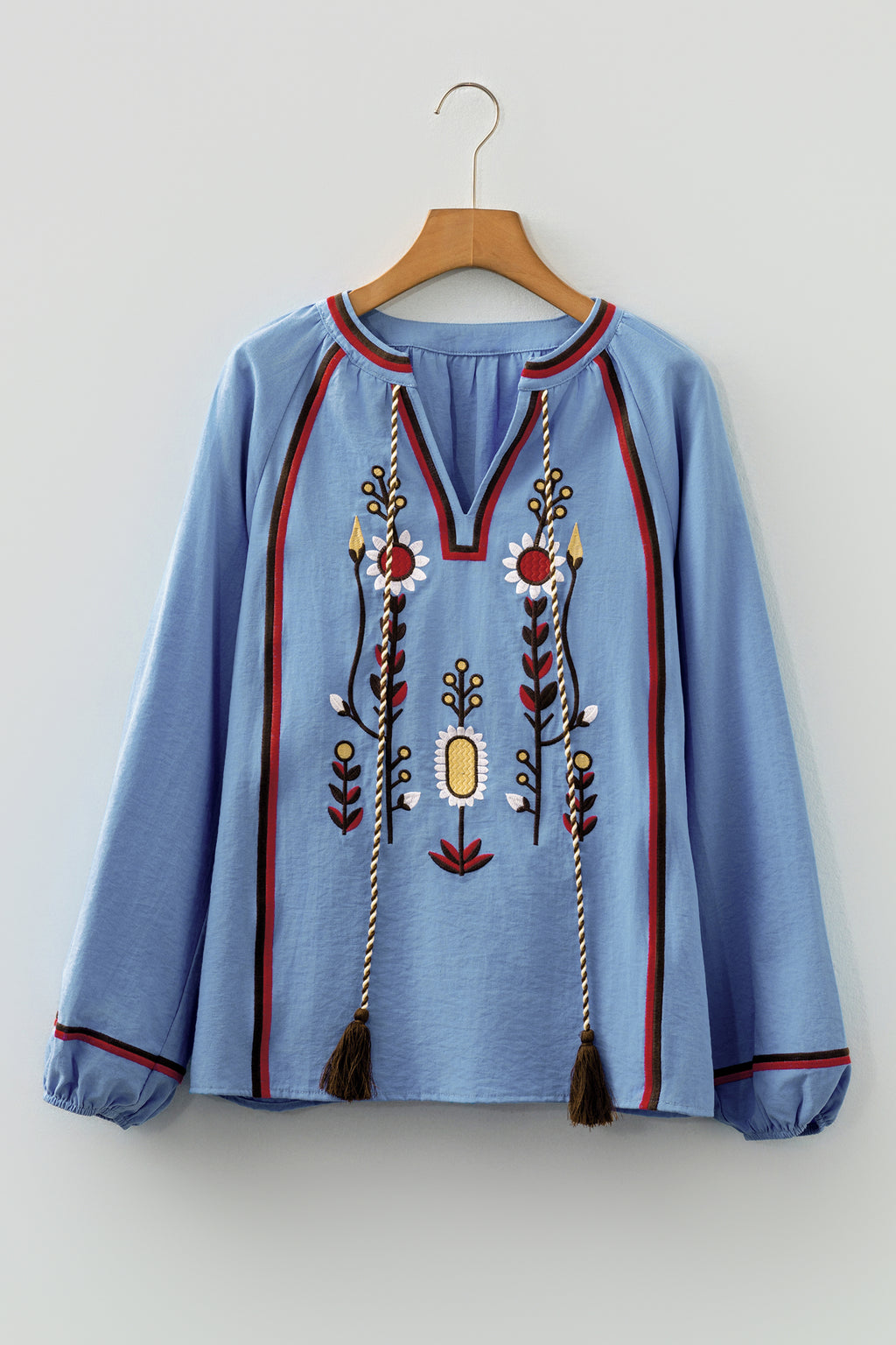 Real Teal Floral Embroidered Split Neck Tassel Tie Puff Sleeve Blouse 🇺🇸