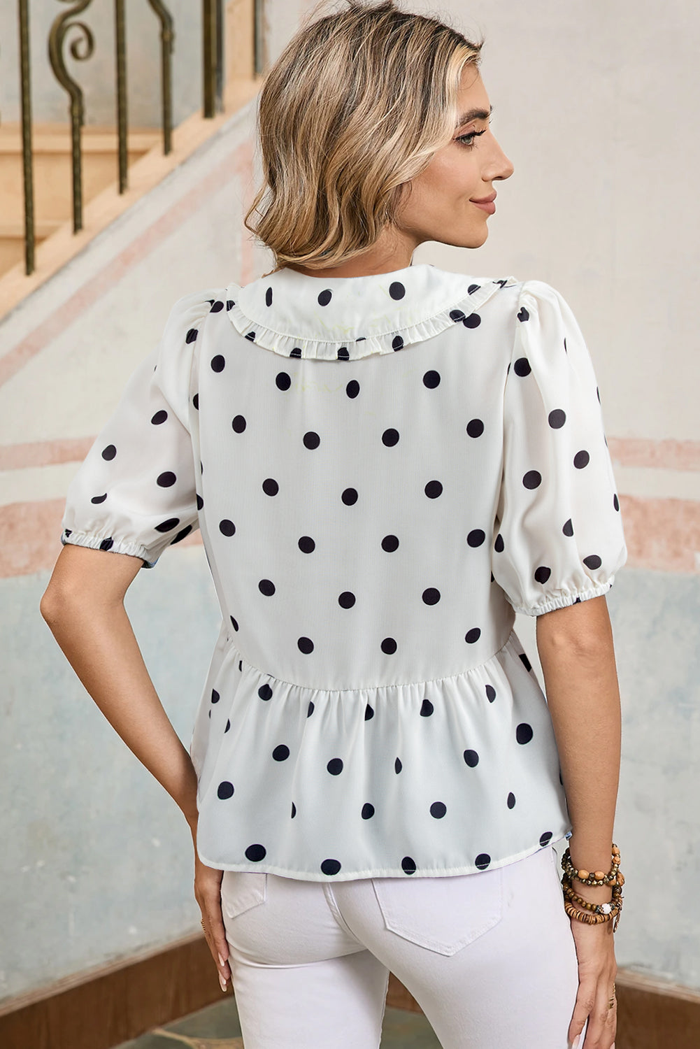 White Polka Dot Collared Lace up Font Puff Sleeve Peplum Top 🇨🇳