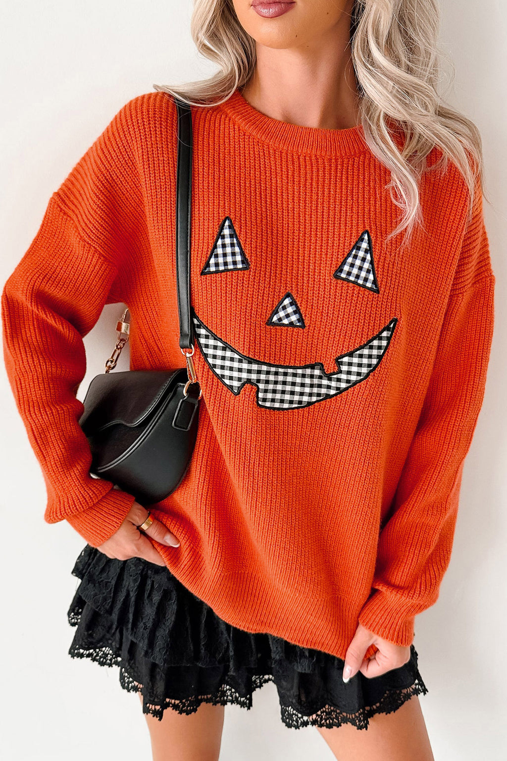 Orange Drop Shoulder Long Sleeve Round Neck Halloween Sweater 🇺🇸