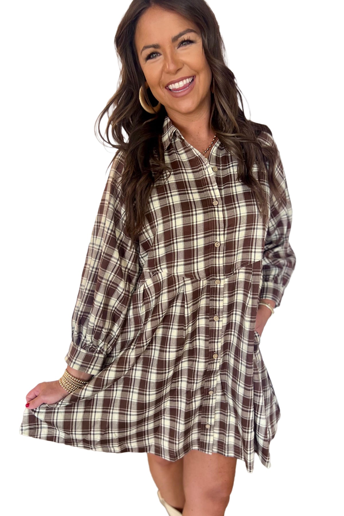 Brown Plaid Long Sleeve Short Shift Mini Dress 🇺🇸