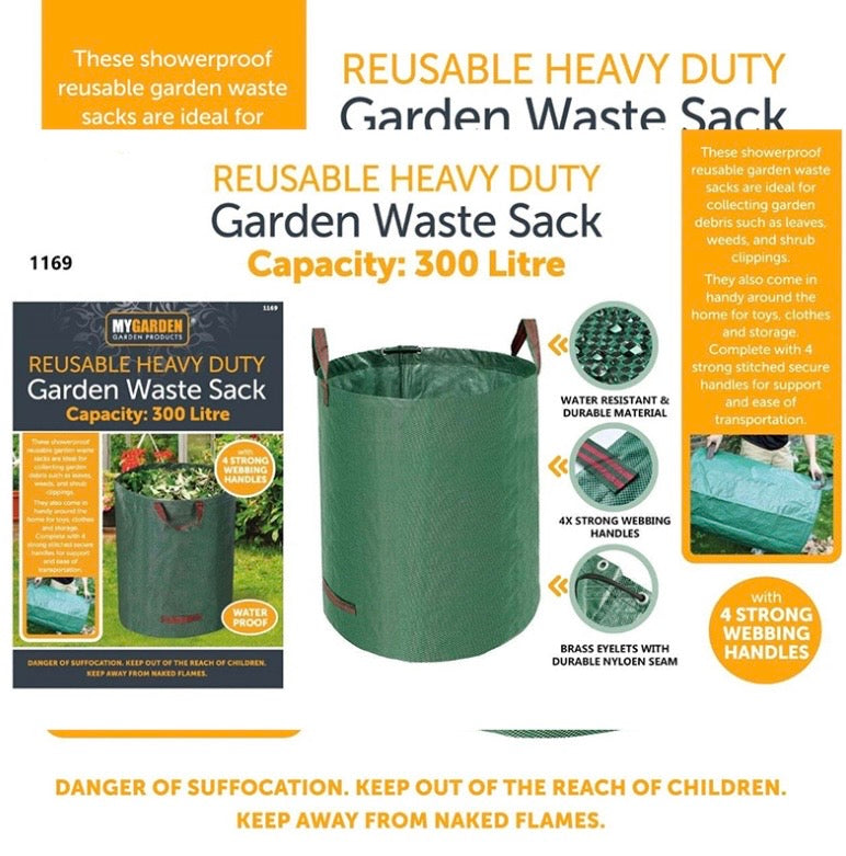 Large Garden Waste Bags with Zipper Leaf Waste Sacks with Handles Foldable and Reusable Green - 300 L 🇬🇧