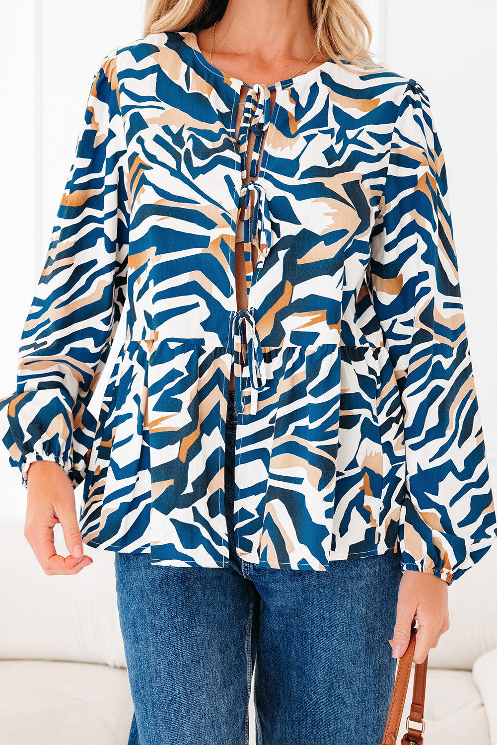 Blue Zebra Print Tied Front Puff Sleeve Top 🇺🇸