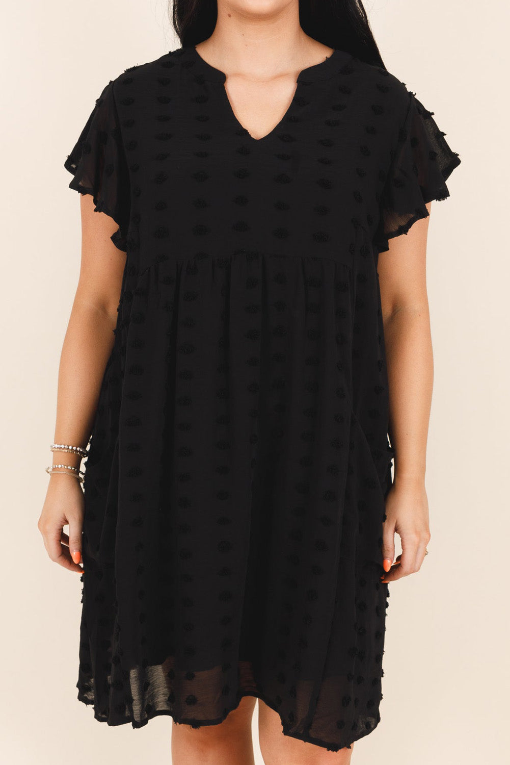 Black Dotty Textured Notched Neck Plus Ruffled Dress 🇺🇲