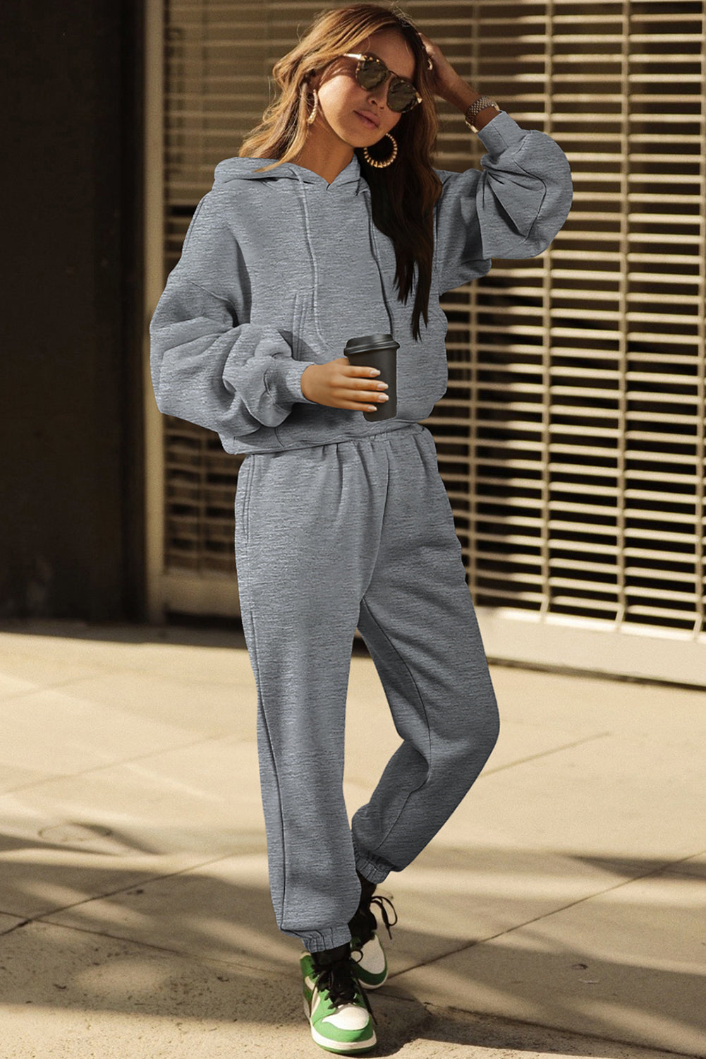 Grey Solid Drop Shoulder Hoodie and Joggers Activewear Set 🇺🇲