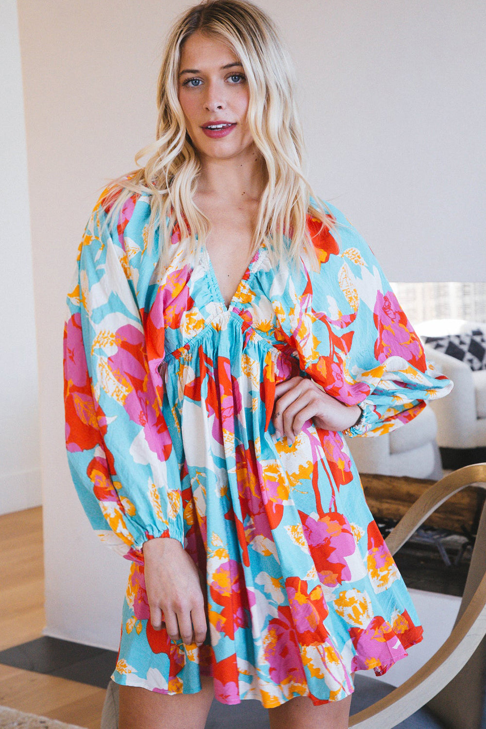Sky Blue Floral Bracelet Sleeve Empire Waist Mini Dress 🇺🇸