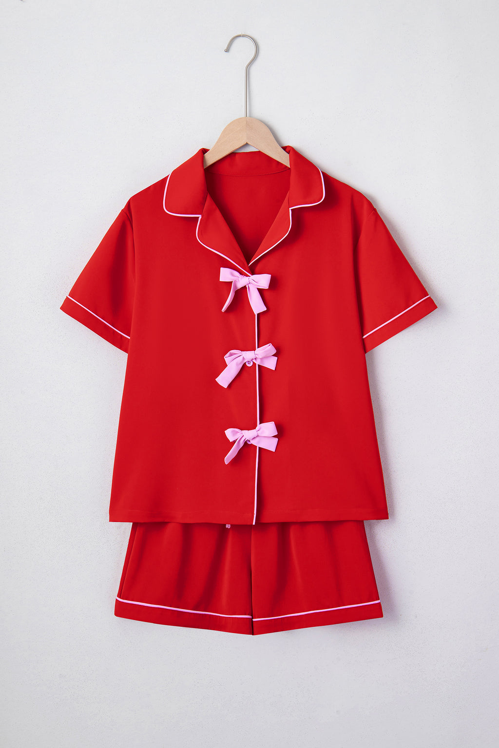 Fiery Red Contrast Trim Ribbon Bow Short Silky 2pcs Pajama Set 🇺🇸