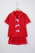 Fiery Red Contrast Trim Ribbon Bow Short Silky 2pcs Pajama Set 🇺🇸