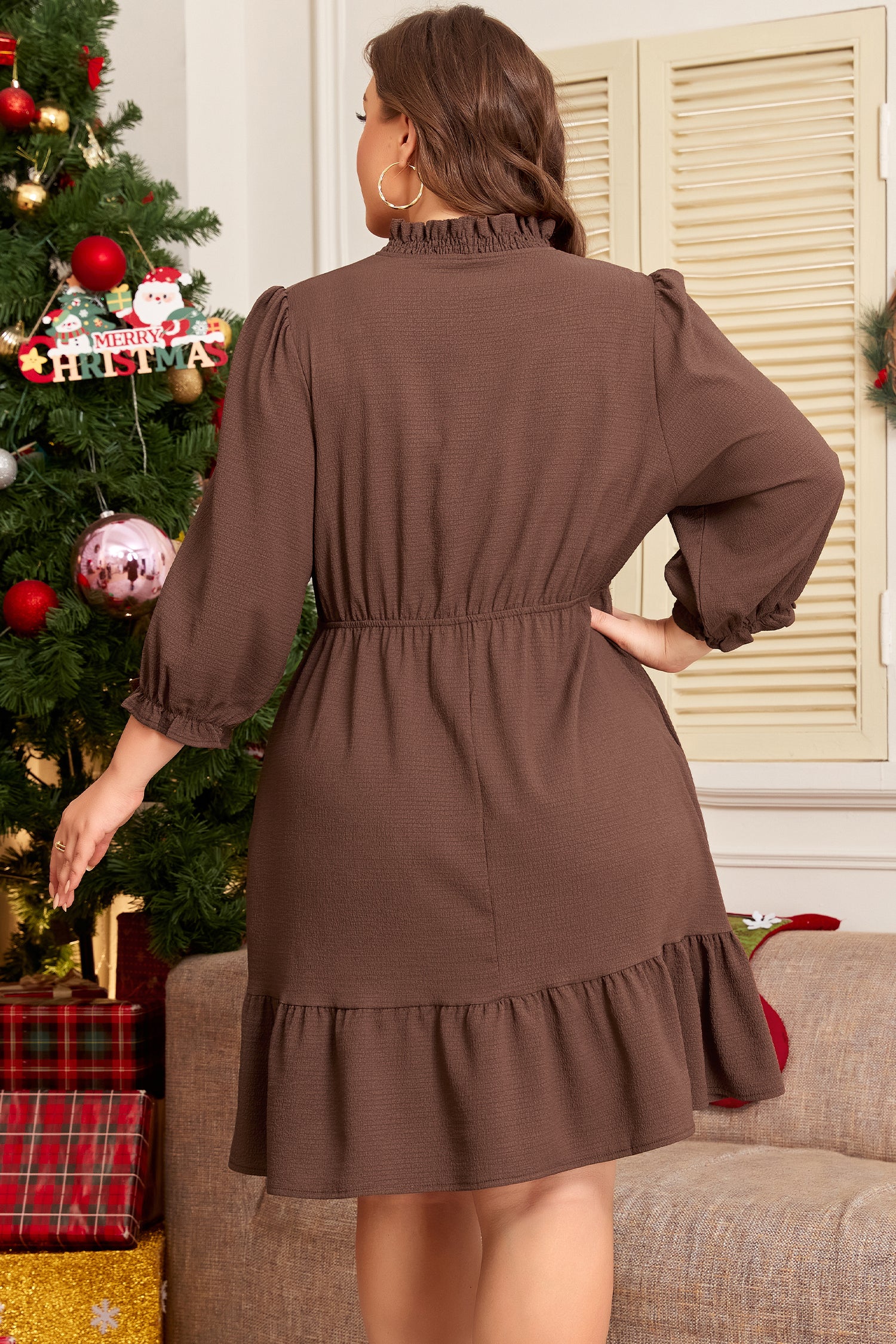 Coffee Plus Size Frilled Trim V Neck Puff Sleeve Textured Mini Dress 🇺🇸