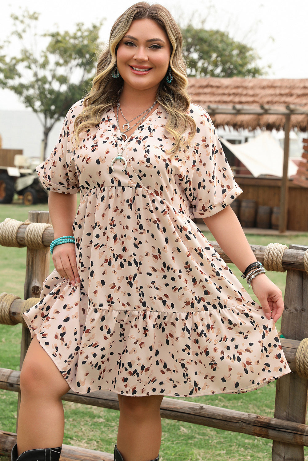 Beige Printed Surplice V Neck Cuffed Sleeve Empire Waist Plus Size Dress 🇺🇲