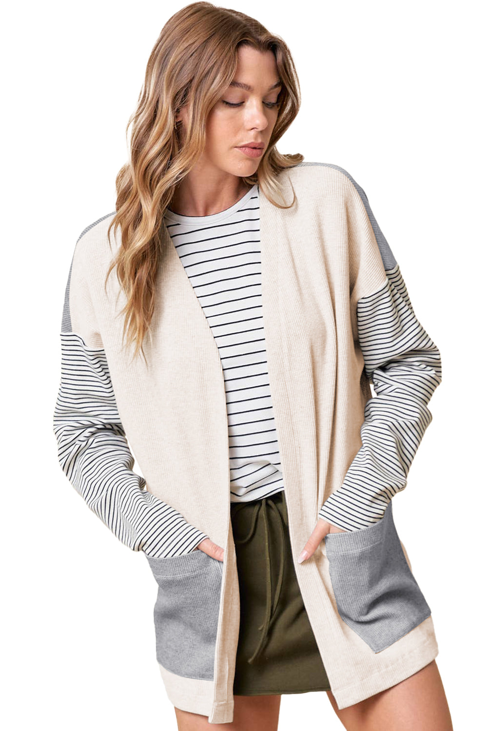 Black Stripe Colorblock Patchwork Open Front Cardigan with Pocket 🇺🇲