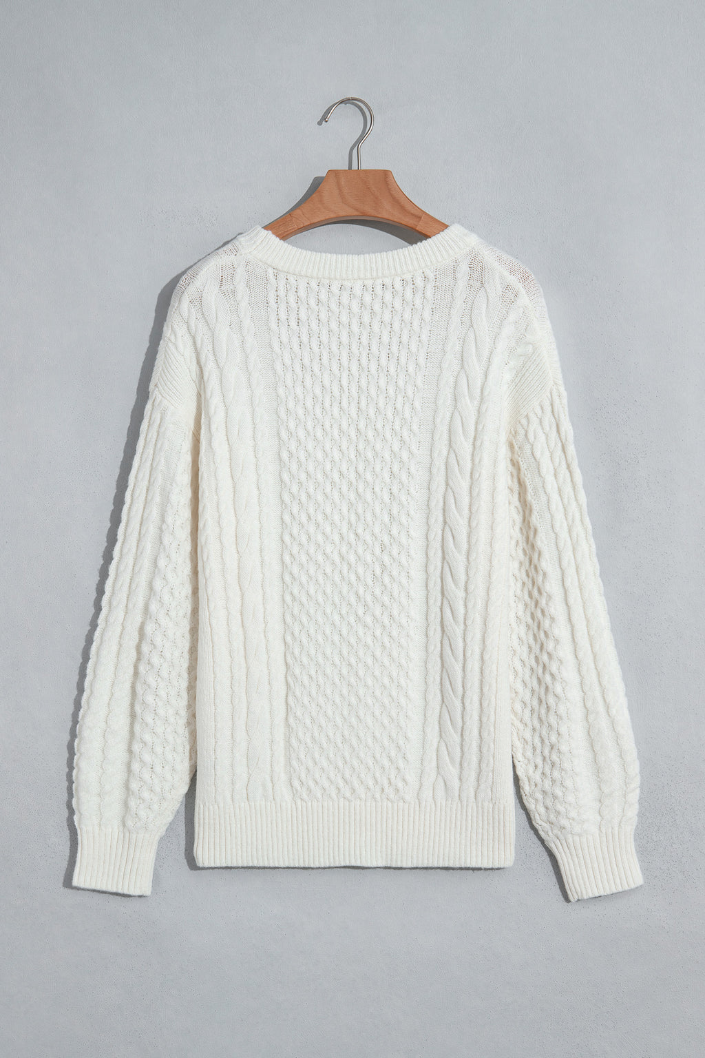 Beige Solid Color Cable Detail Knit Loose Round Neck Sweater 🇺🇸