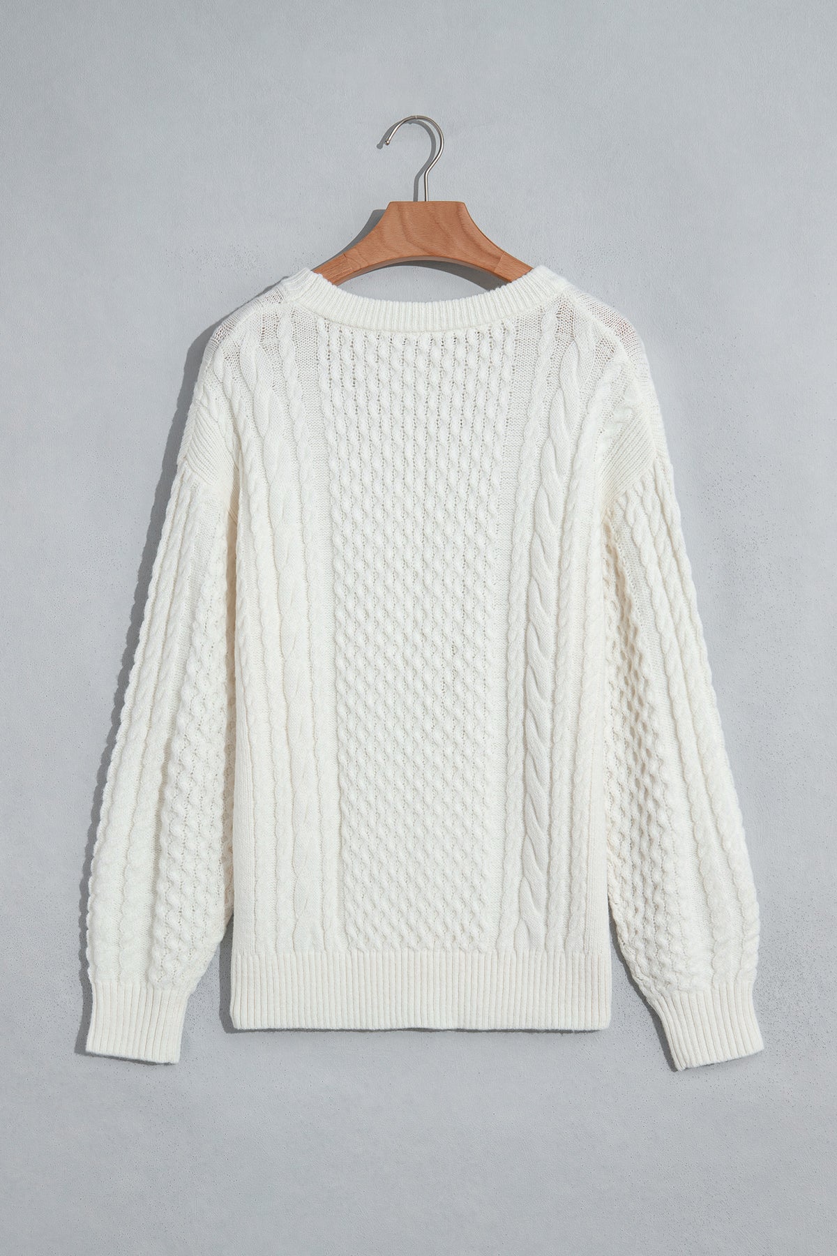Beige Solid Color Cable Detail Knit Loose Round Neck Sweater 🇺🇸