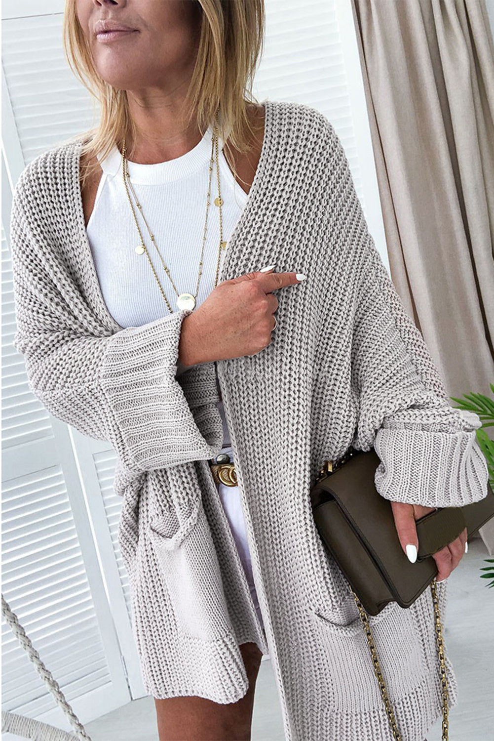 Gray Oversized Fold Over Sleeve Open Front Cardigan 🇨🇳